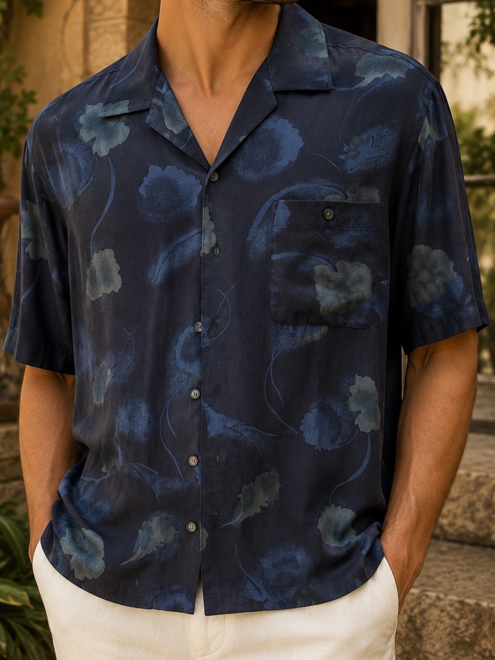 Baracuta Men’s Silk Camp Shirt Navy Floral Short Sleeve - Size L